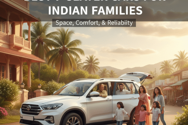 Indian family with a 7-seater car on a road trip, representing space, safety, and comfort for family travel.