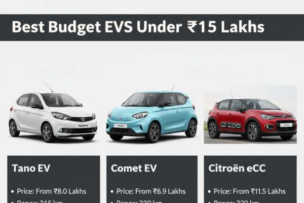 Lineup of budget electric vehicles including Tata Punch EV, Tiago EV, Tigor EV, MG Comet EV, and Citroën eC3 under ₹15 lakhs.