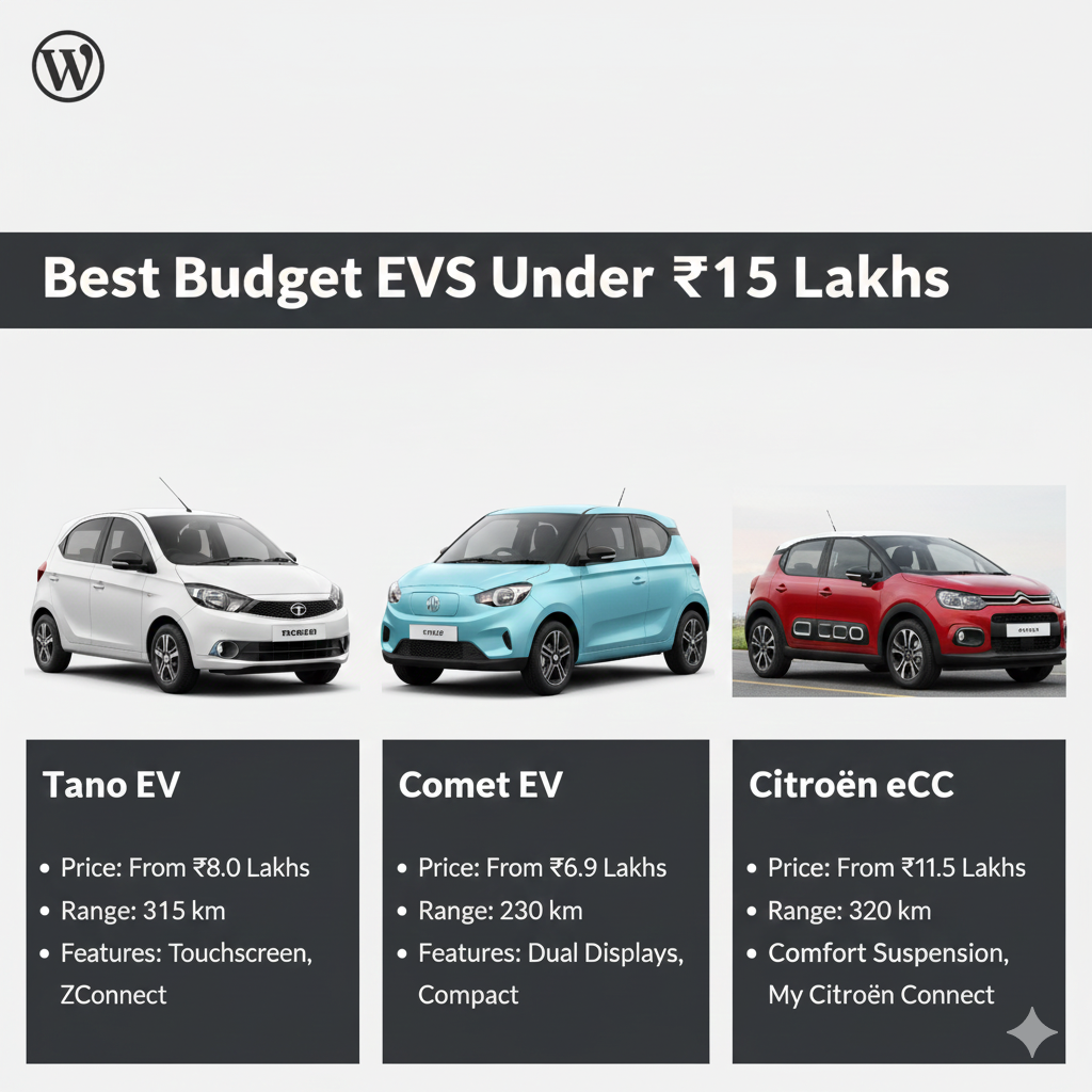 Lineup of budget electric vehicles including Tata Punch EV, Tiago EV, Tigor EV, MG Comet EV, and Citroën eC3 under ₹15 lakhs.