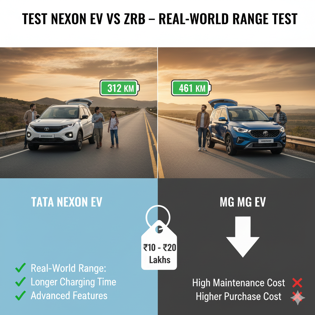 Tata Nexon EV vs MG ZS EV real-world range test comparison of electric SUVs in India