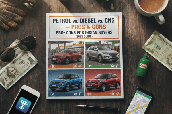 Petrol vs Diesel vs CNG fuel comparison for cars with icons showing mileage and running cost differences